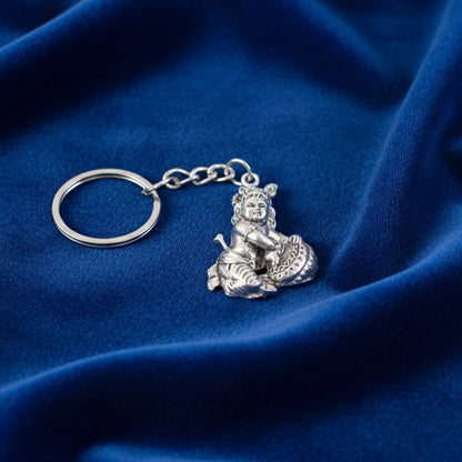 Premium Silver-Finish Metal Bal Krishna Eating Makhan Keychain (1 Pc)
